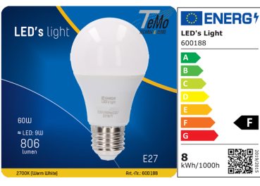 1 STÜCK (VPE) SHADA LED Classic E27, 806lm, 8W, Warmweiss 2700K, A60 Opal, EEC: F (0600188)